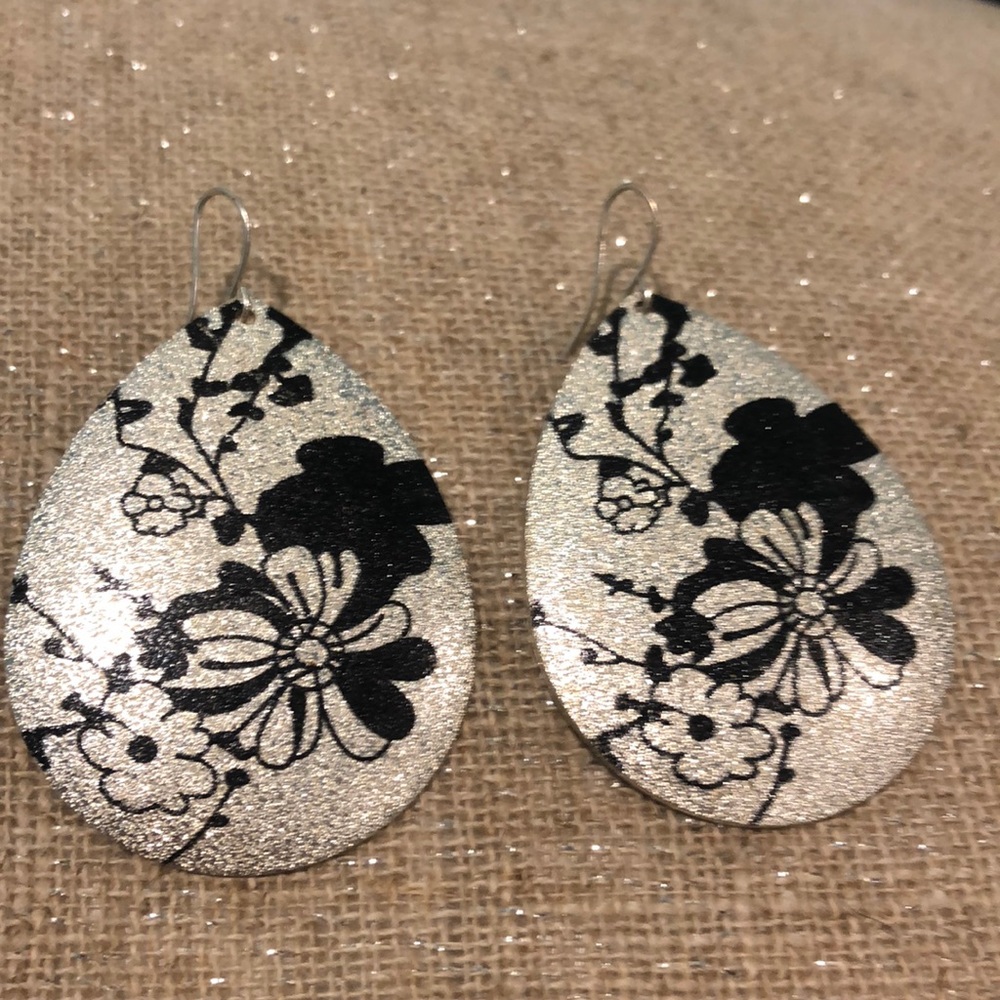 Glitter Silver & Black Floral Print Earrings